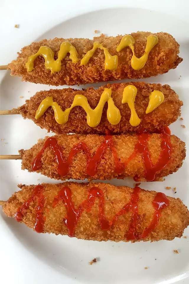 Korean corn dogs in a white plate, Mom Food Blog